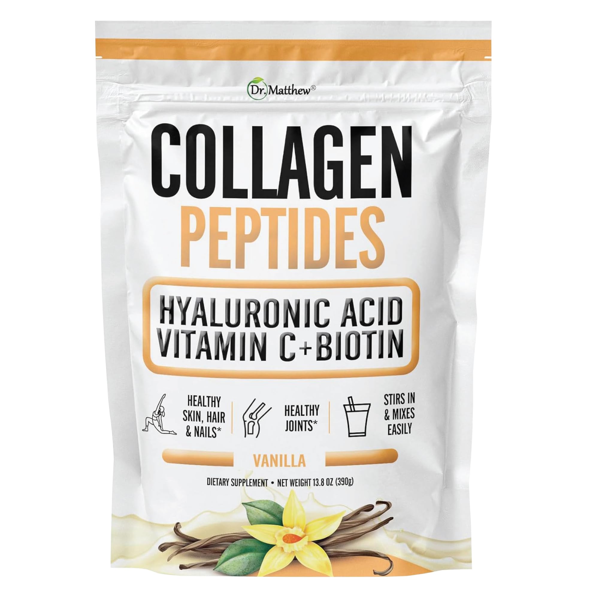 Dr. Matthew vanilla collagen powder bottle with clean label and keto-friendly profile.