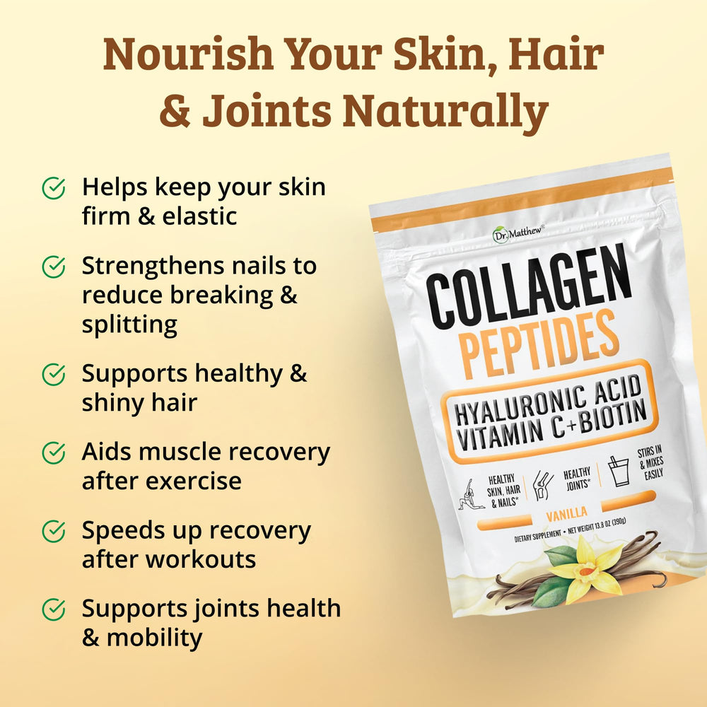 Dr. Matthew collagen shake in glass supporting skin, hair, and nails as part of routine.