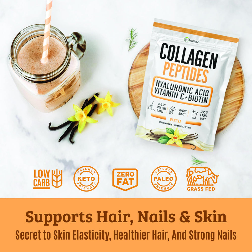 Dr. Matthew collagen powder scoop ready for quick daily serving.
