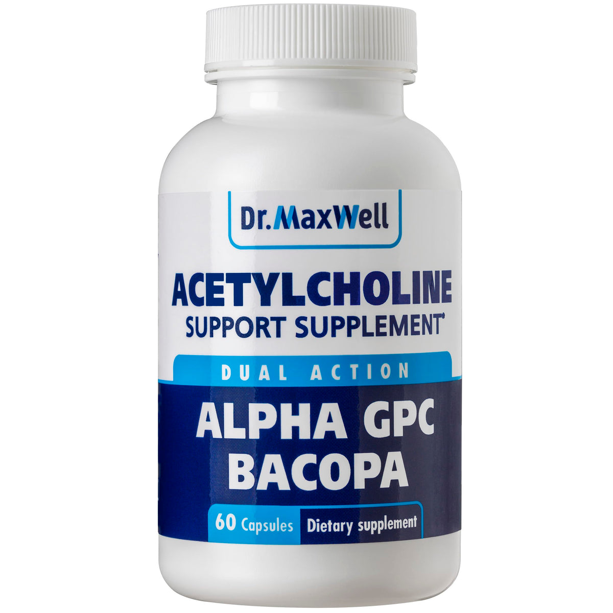 Dr. Maxwell Acetylcholine bottle front highlighting memory support and dual-action formula.