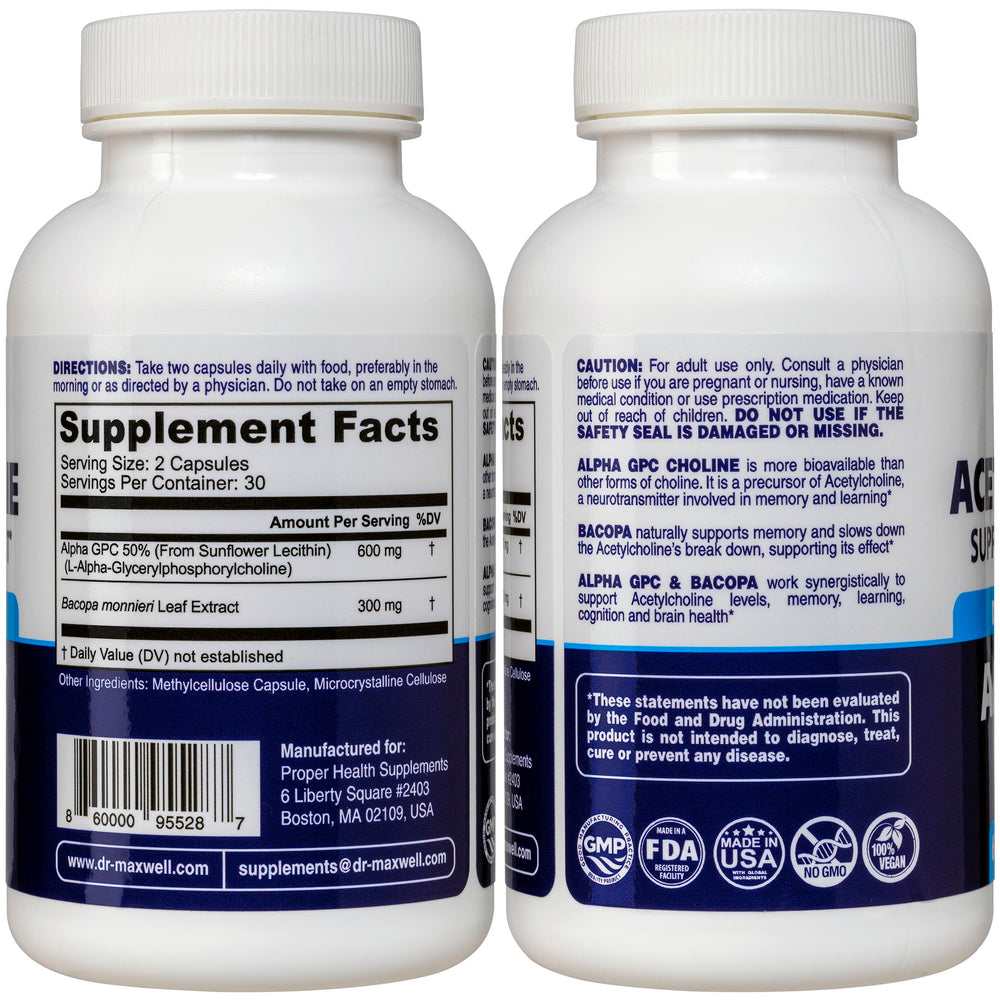 Closeup of Dr. Maxwell Acetylcholine capsules showing Alpha GPC and Bacopa for cognitive support.