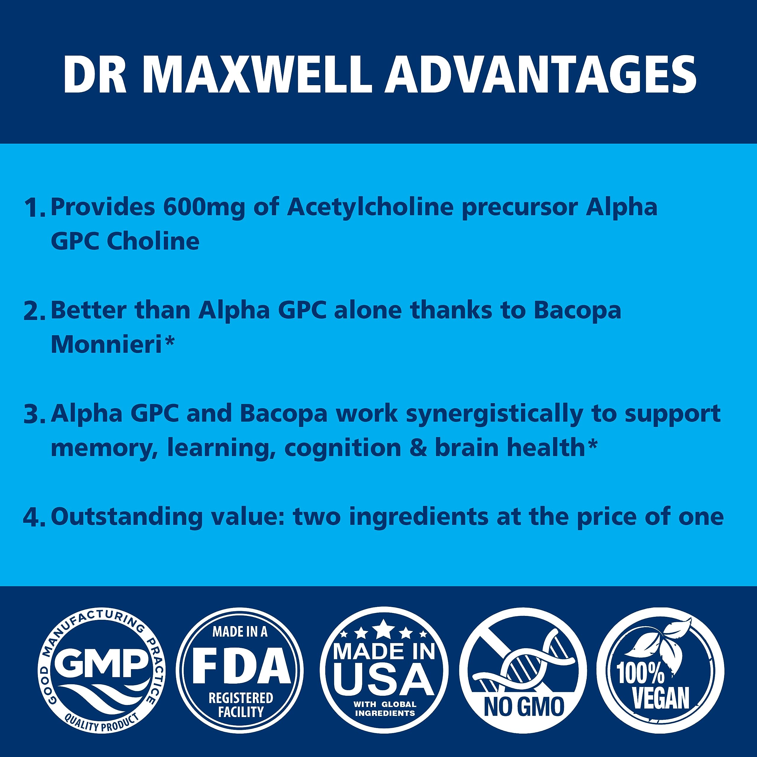 Dr. Maxwell Acetylcholine label and packaging emphasizing vegan, non-GMO quality.