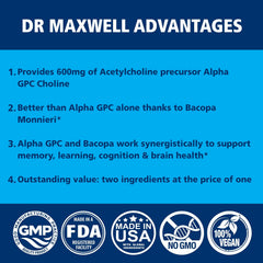 Dr. Maxwell Acetylcholine label and packaging emphasizing vegan, non-GMO quality.