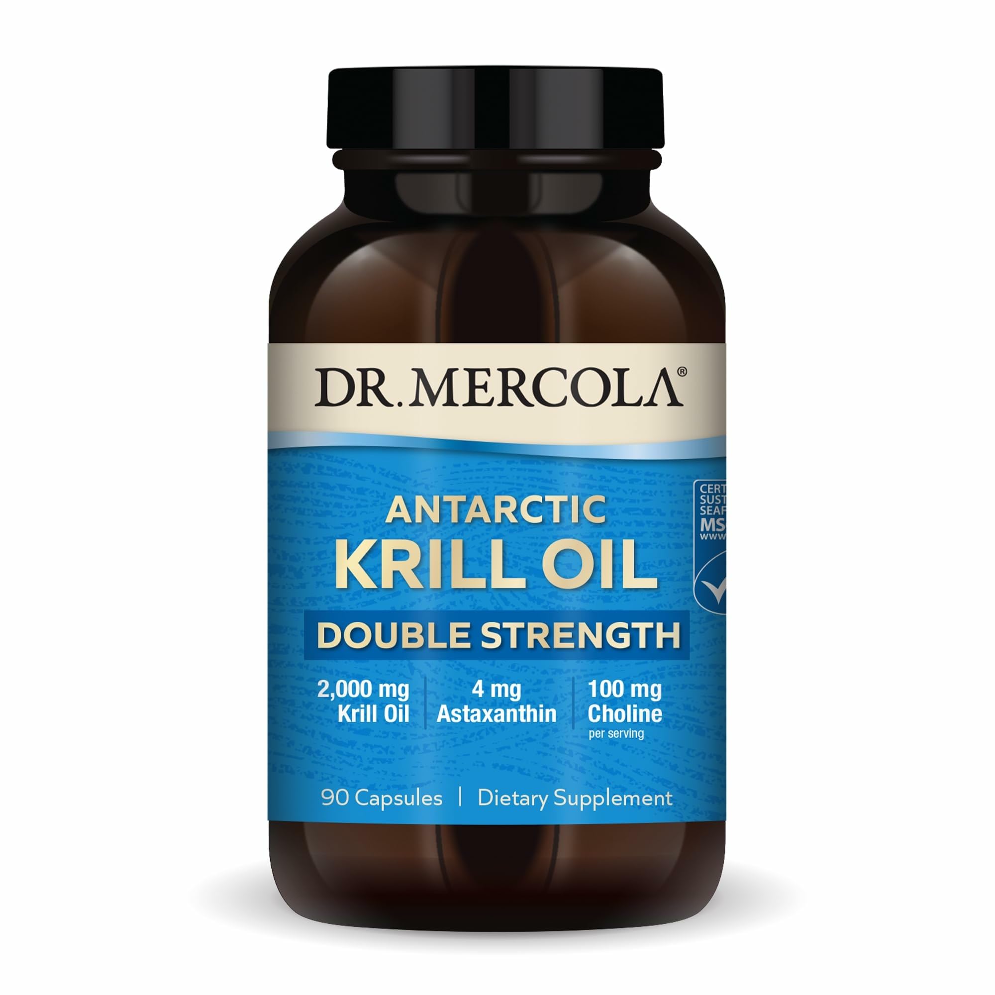 Dr. Mercola Antarctic Krill Oil bottle pour showing omega-3 rich supplement for daily use