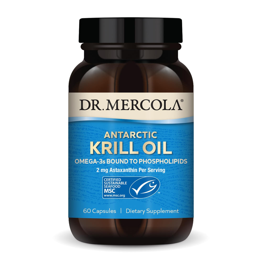 Dr. Mercola Antarctic Krill Oil bottle shows omega-3 support