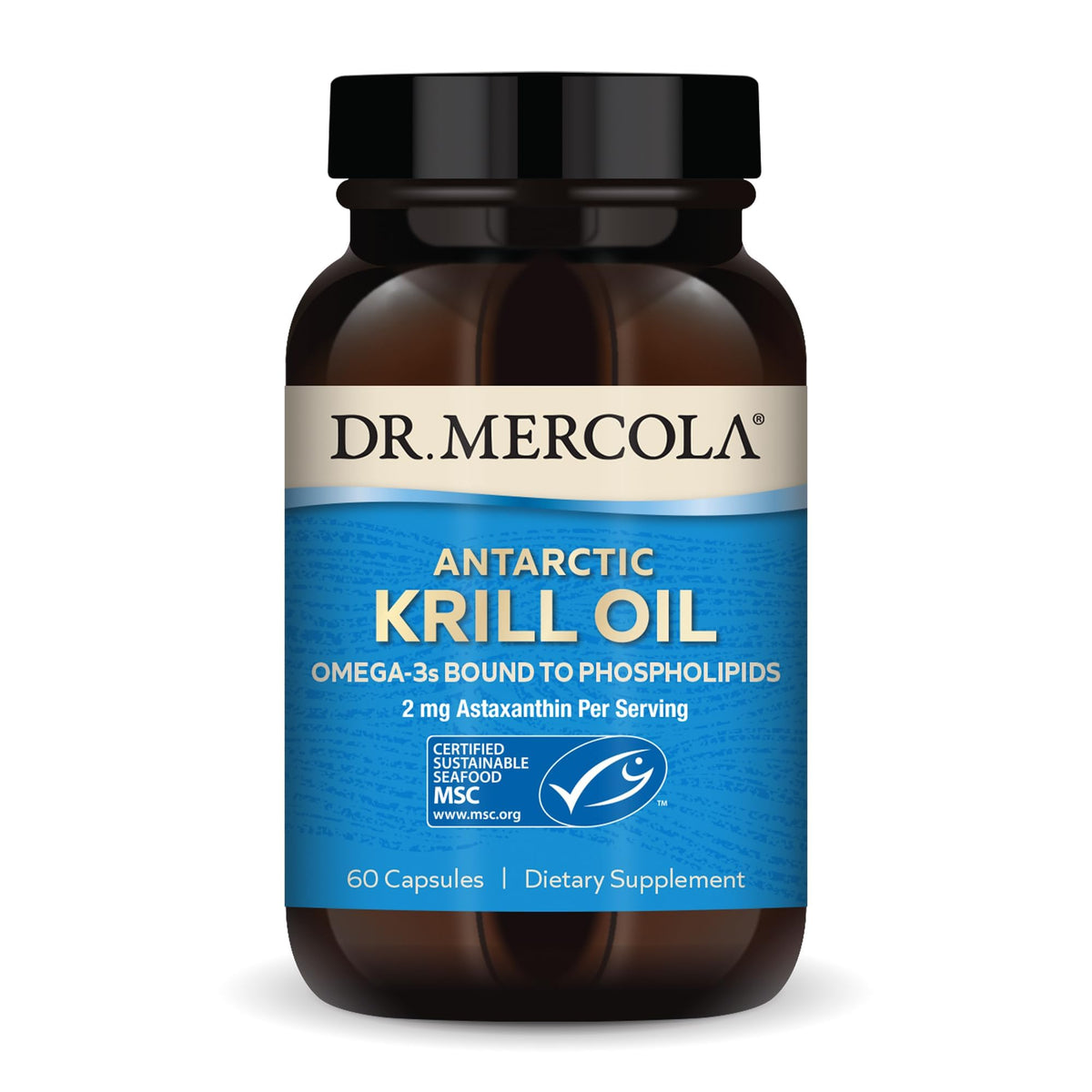 Dr. Mercola Antarctic Krill Oil bottle shows omega-3 support