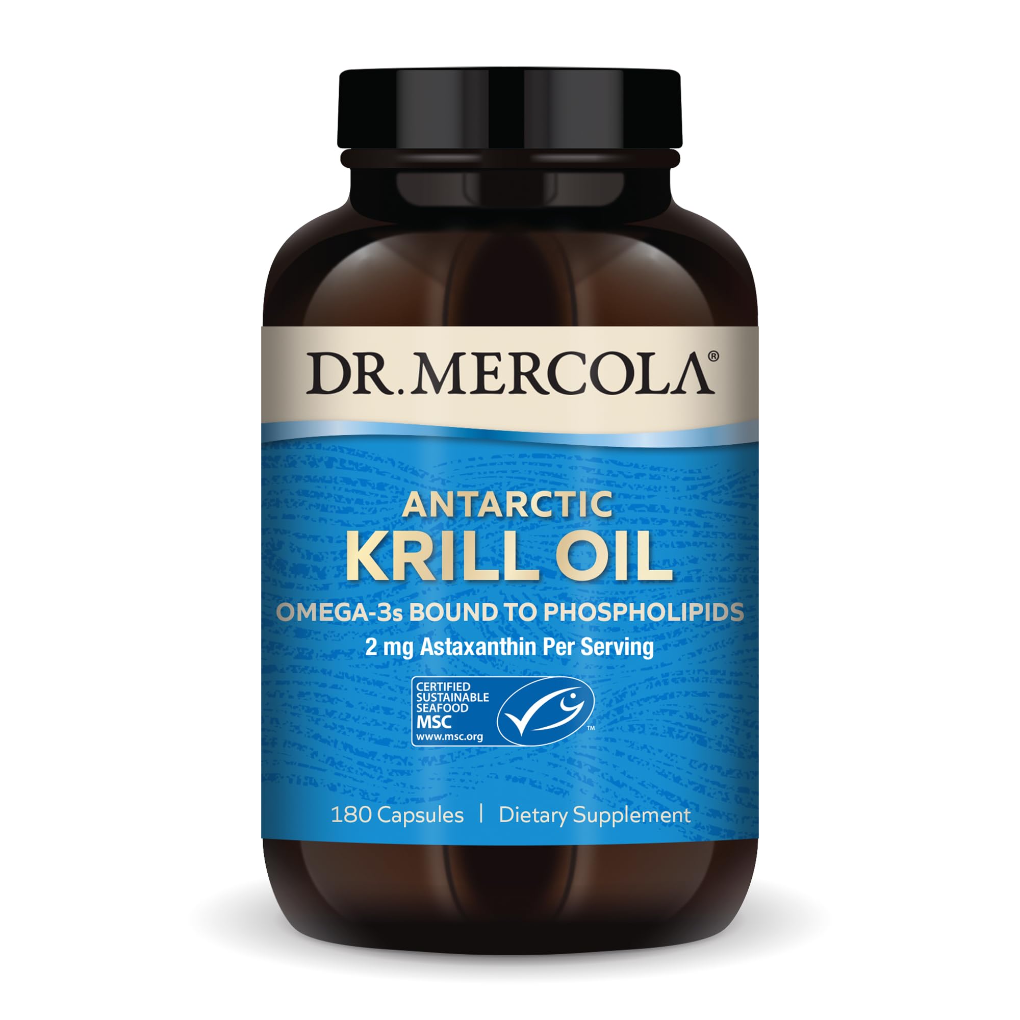 Dr. Mercola Antarctic Krill Oil bottle highlighting omega-3 content for daily nutrition.