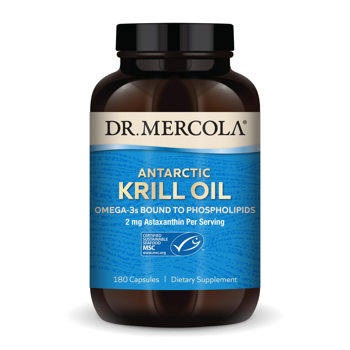 Dr. Mercola Antarctic Krill Oil bottle highlighting omega-3 content for daily nutrition.