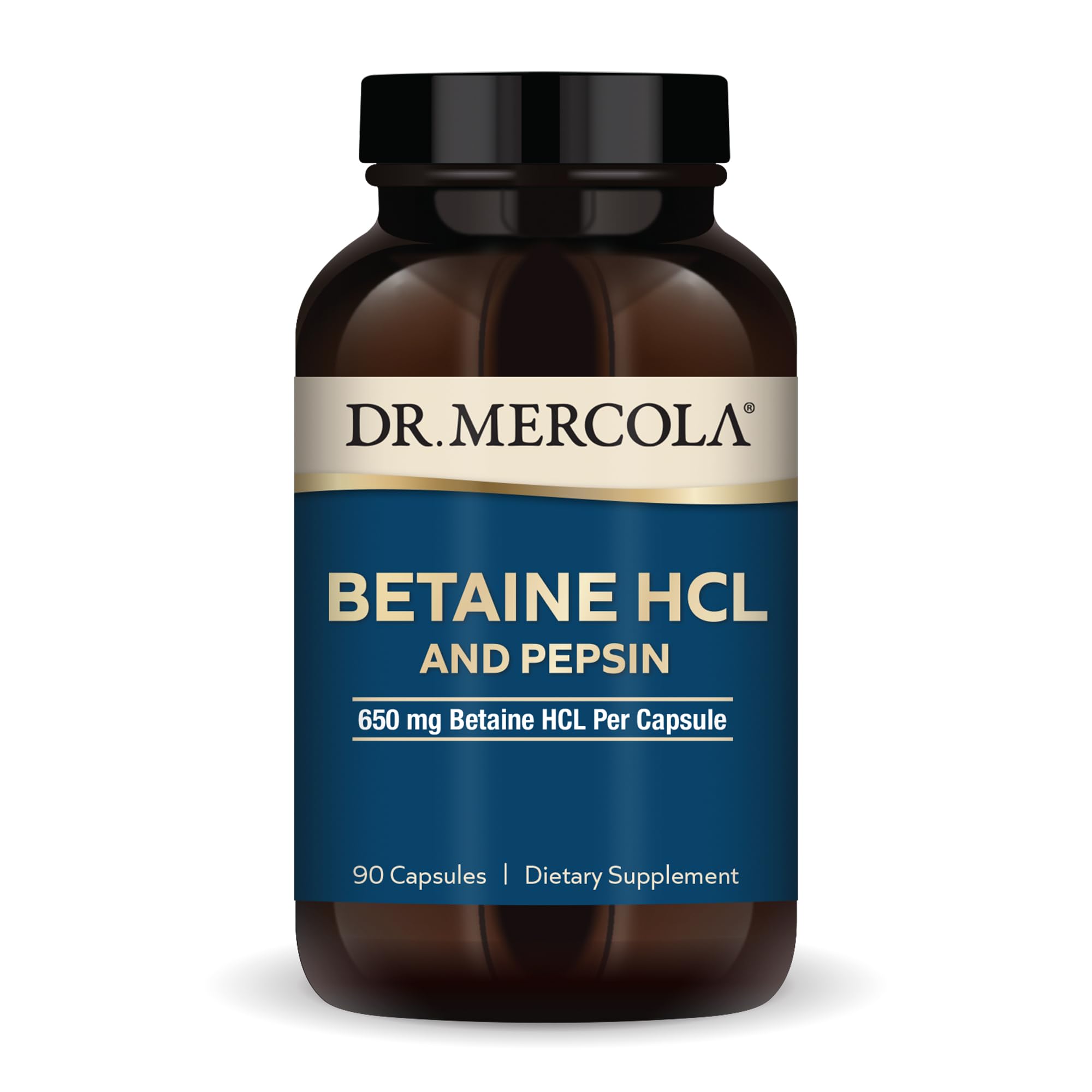 Dr. Mercola Betaine HCL & Pepsin bottle front promotes digestive support.