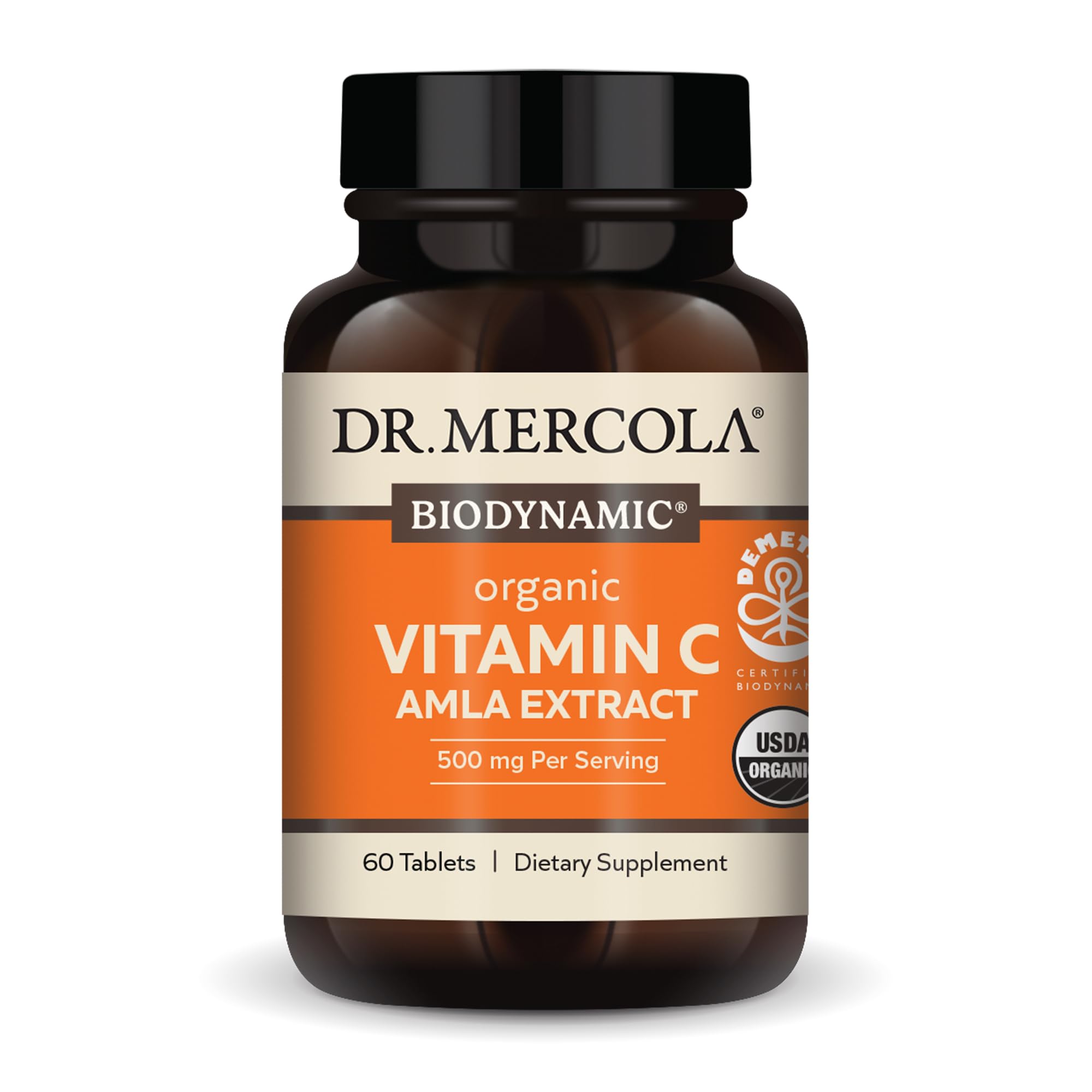 Dr. Mercola Biodynamic Vitamin C Amla bottle highlighting organic ingredients for wellness.