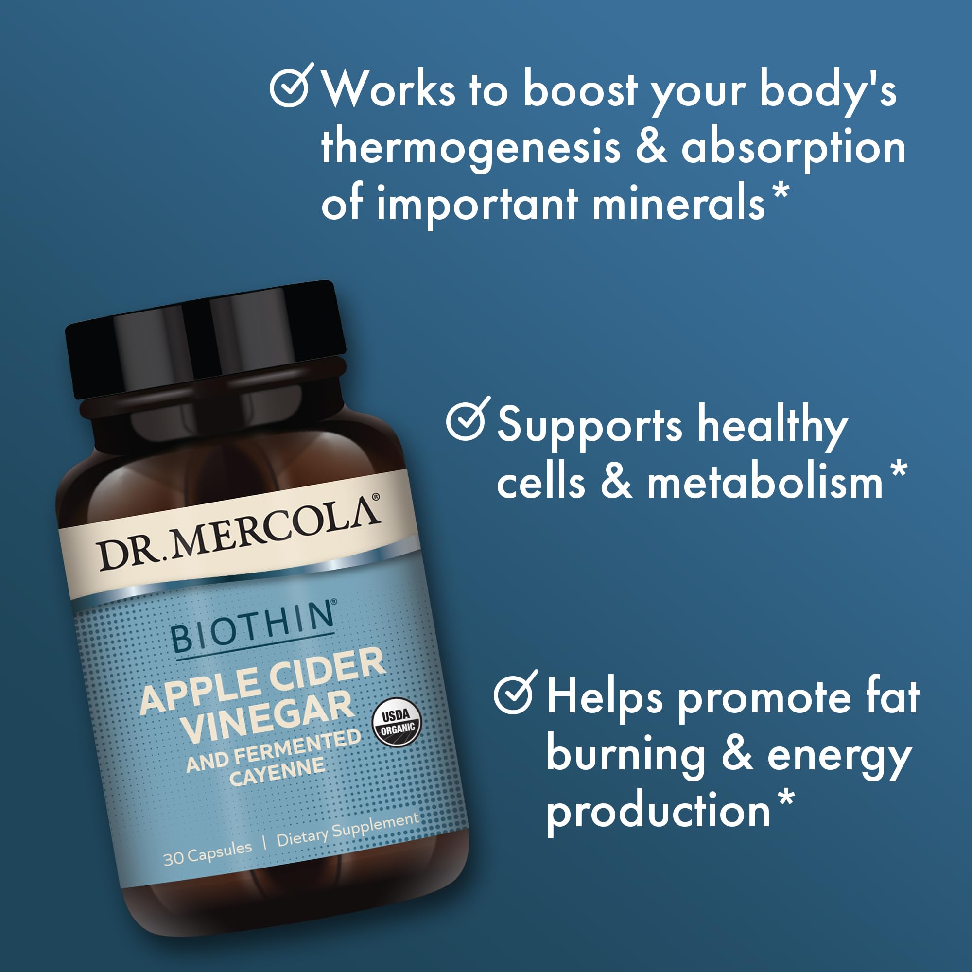 Dr. Mercola Biothin bottle close-up shows convenient capsule format.