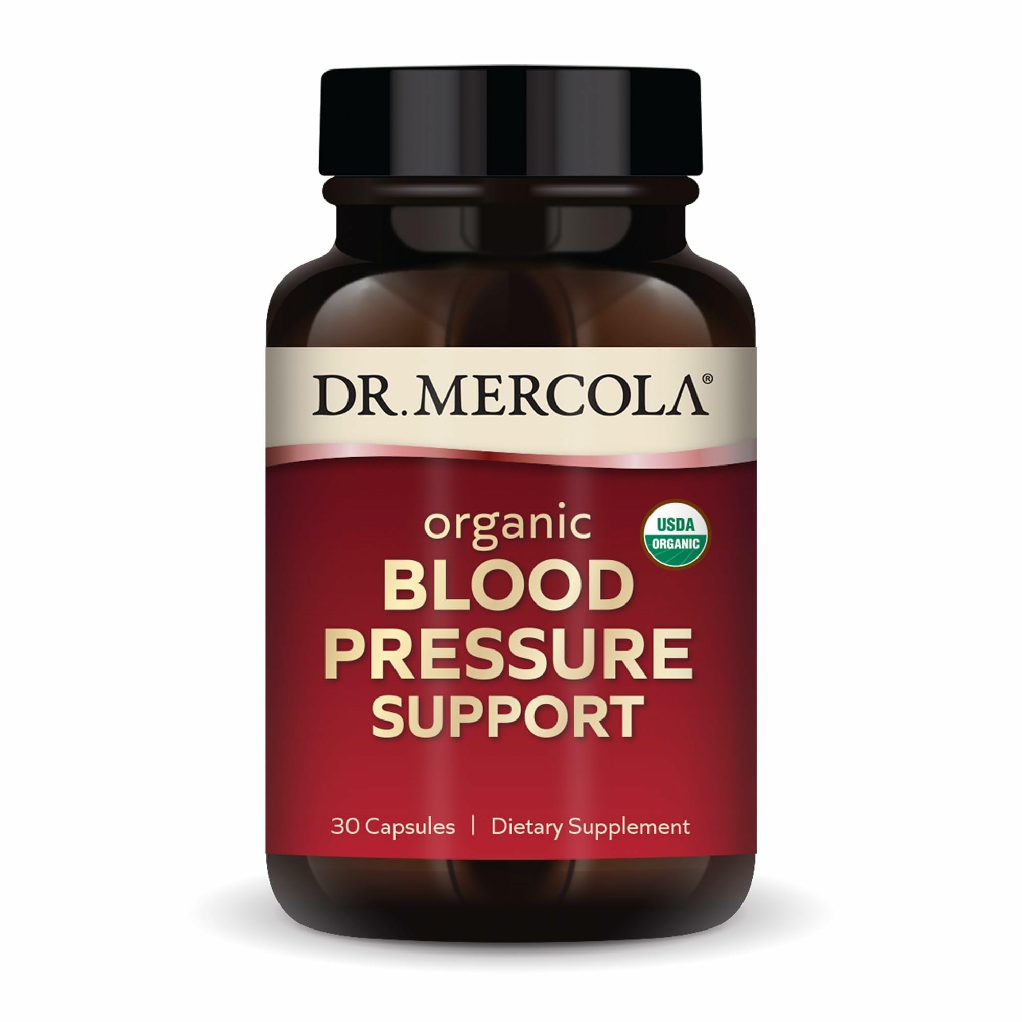 Dr. Mercola Blood Pressure Support bottle for daily circulation support.