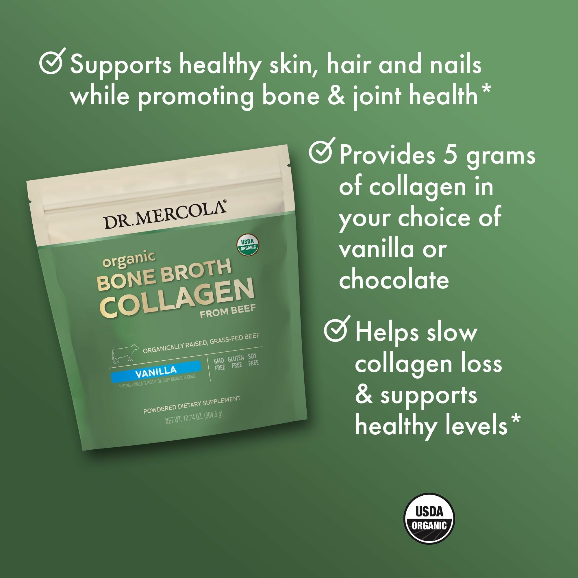 Dr. Mercola bone broth collagen bottle close-up highlighting USDA Organic certification.