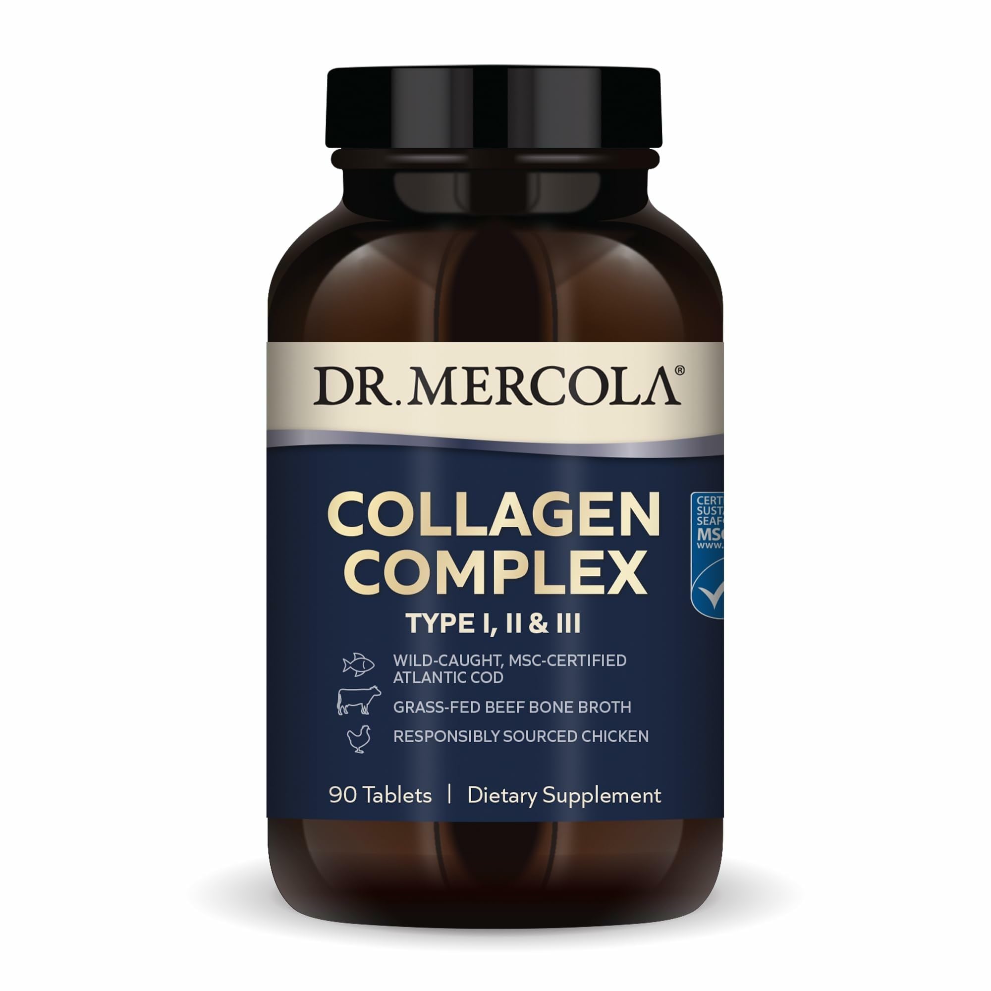 Dr. Mercola Collagen Complex bottle showing a multi-source formula for skin support.