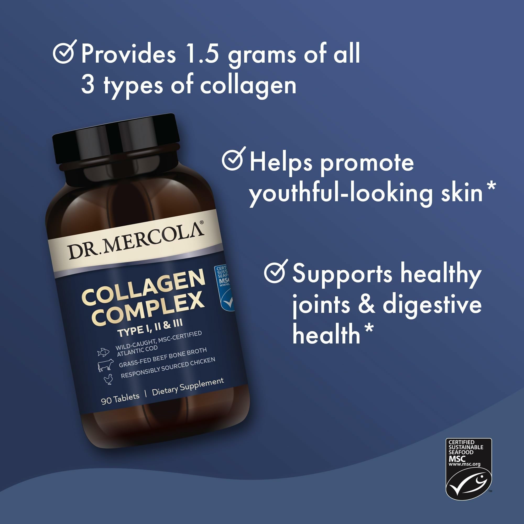 Morning routine shot with Dr. Mercola Collagen Complex suggesting daily use.