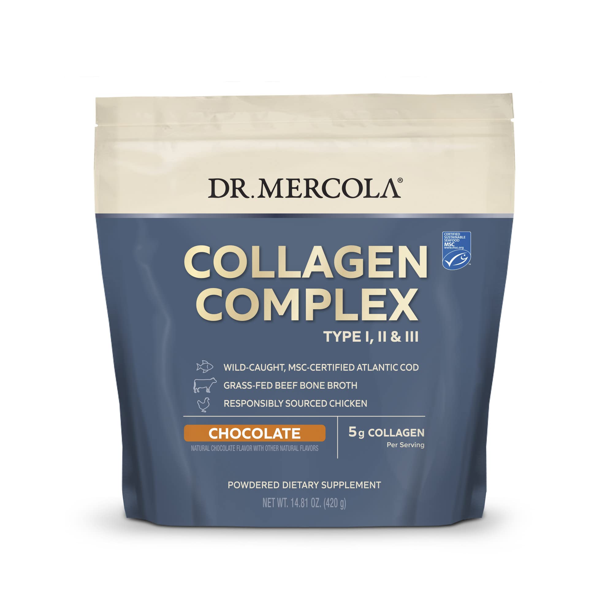 Dr. Mercola Collagen Complex powder bottle on the counter for daily skin and joint support.