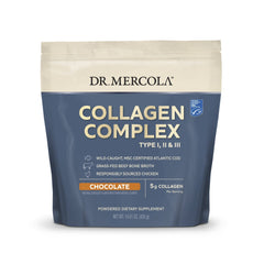 Dr. Mercola Collagen Complex powder bottle on the counter for daily skin and joint support.
