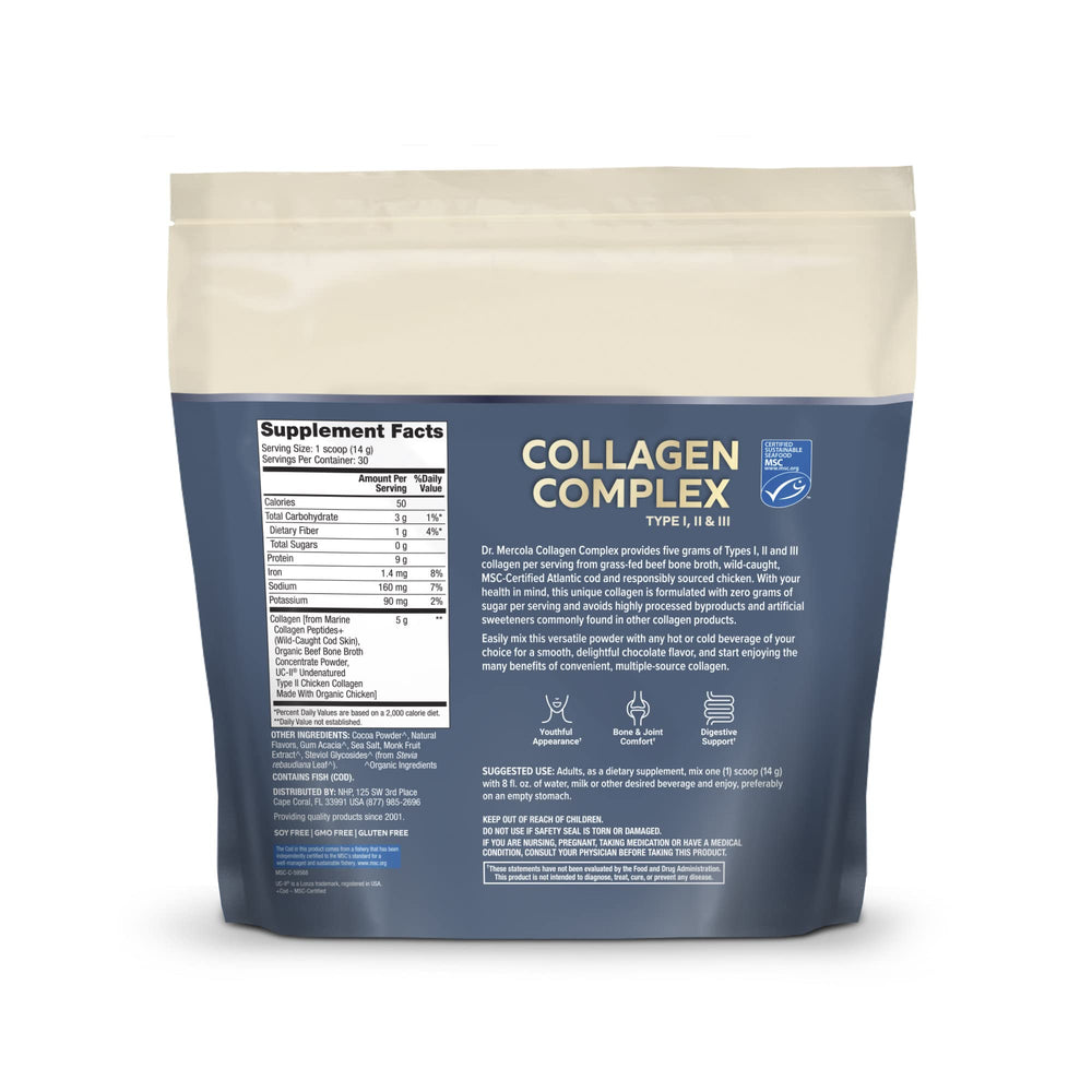 Dr. Mercola Collagen Complex vanilla powder highlighting vanilla flavor and 30 servings.