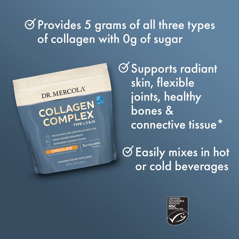 Dr. Mercola Collagen Complex powder dissolves quickly in beverages for easy mixing.