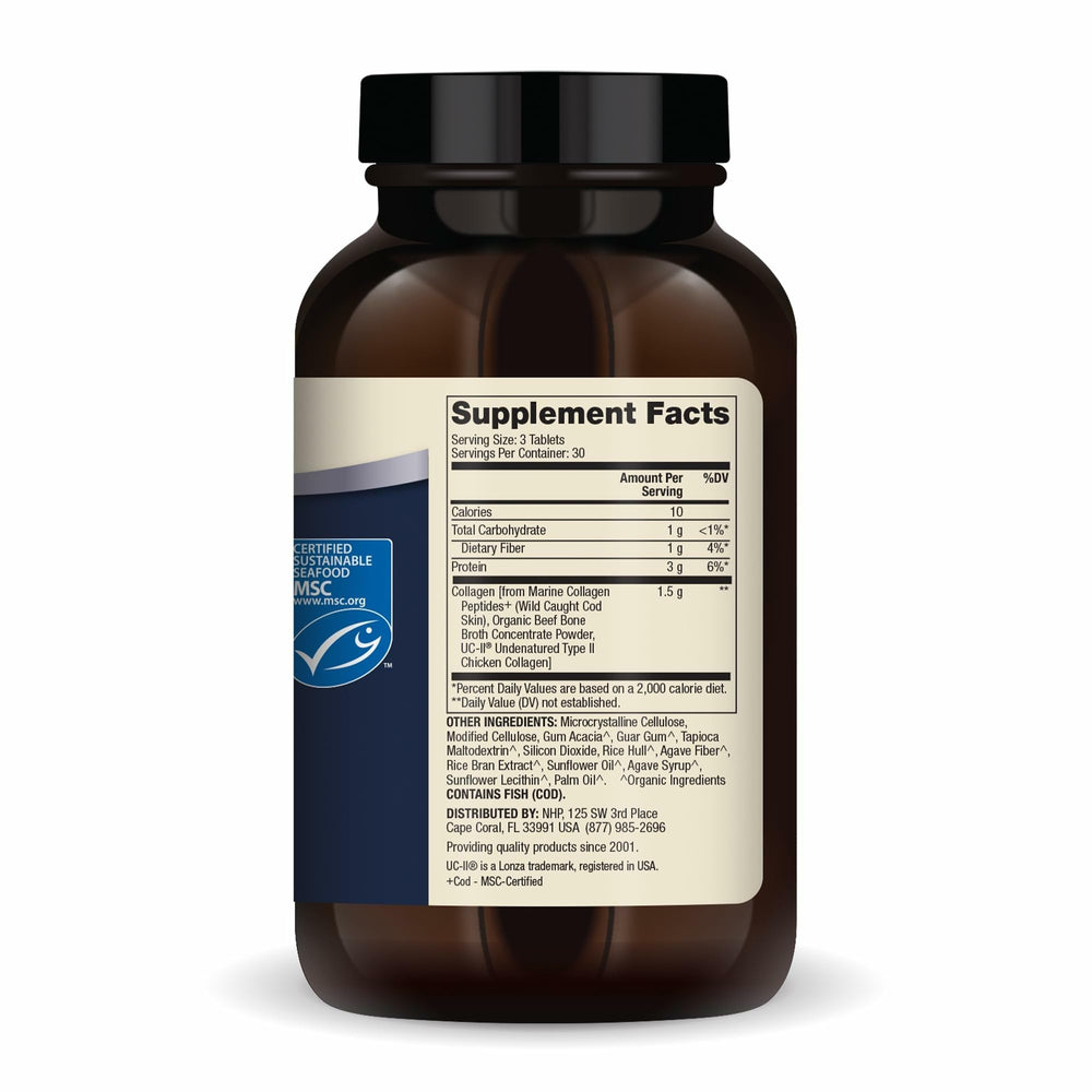 Close-up of Dr. Mercola Collagen Complex tablets highlighting peptide-based format.