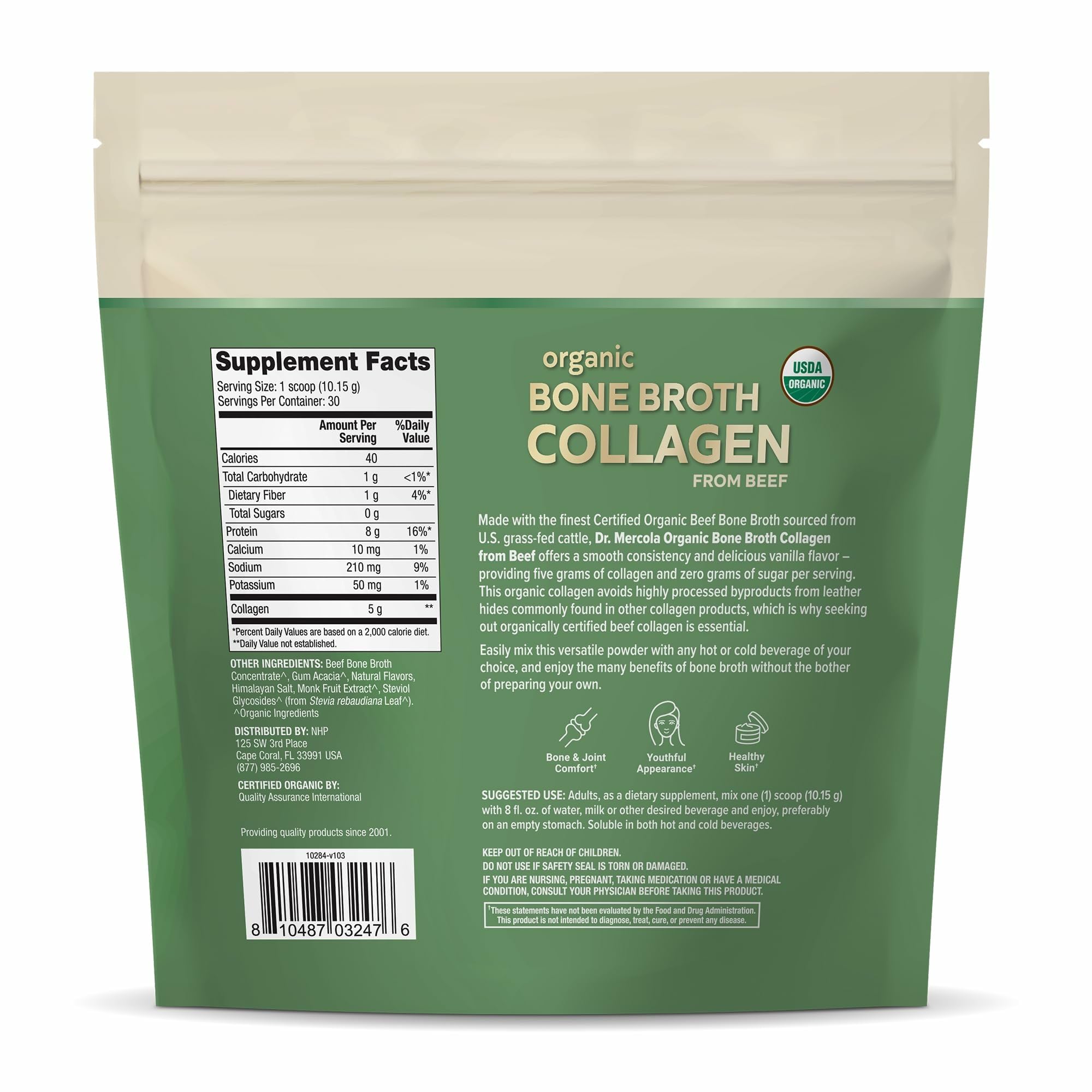 Dr. Mercola collagen powder with spoon dissolving, suggesting easy mix into drinks.