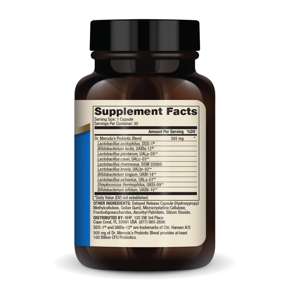 Close-up of Dr. Mercola probiotics capsules showing ten strains.