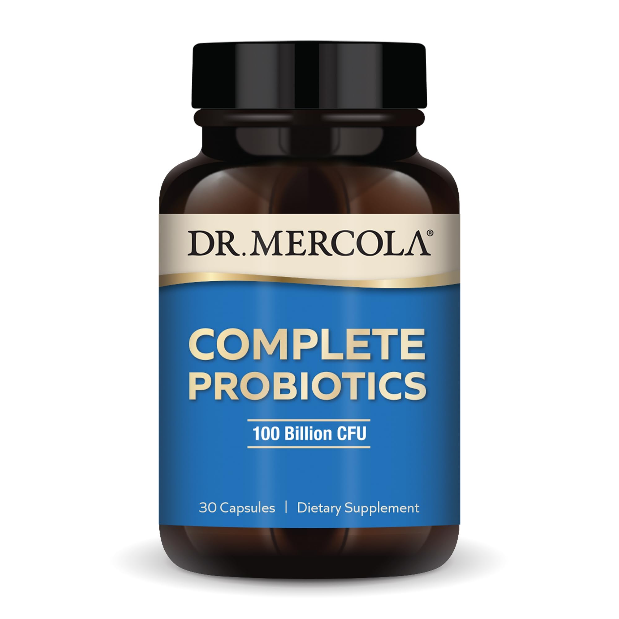 Dr. Mercola Complete Probiotics bottle with 30 capsules for gut balance.