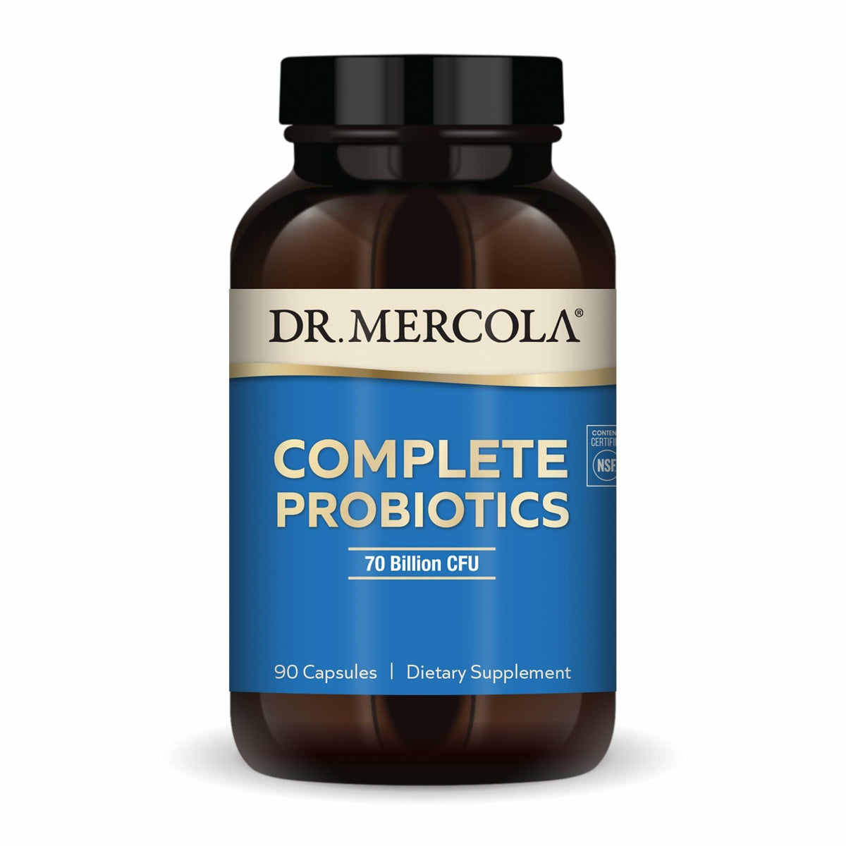 Dr. Mercola Complete Probiotics bottle shows high potency 70B CFU for daily gut balance.