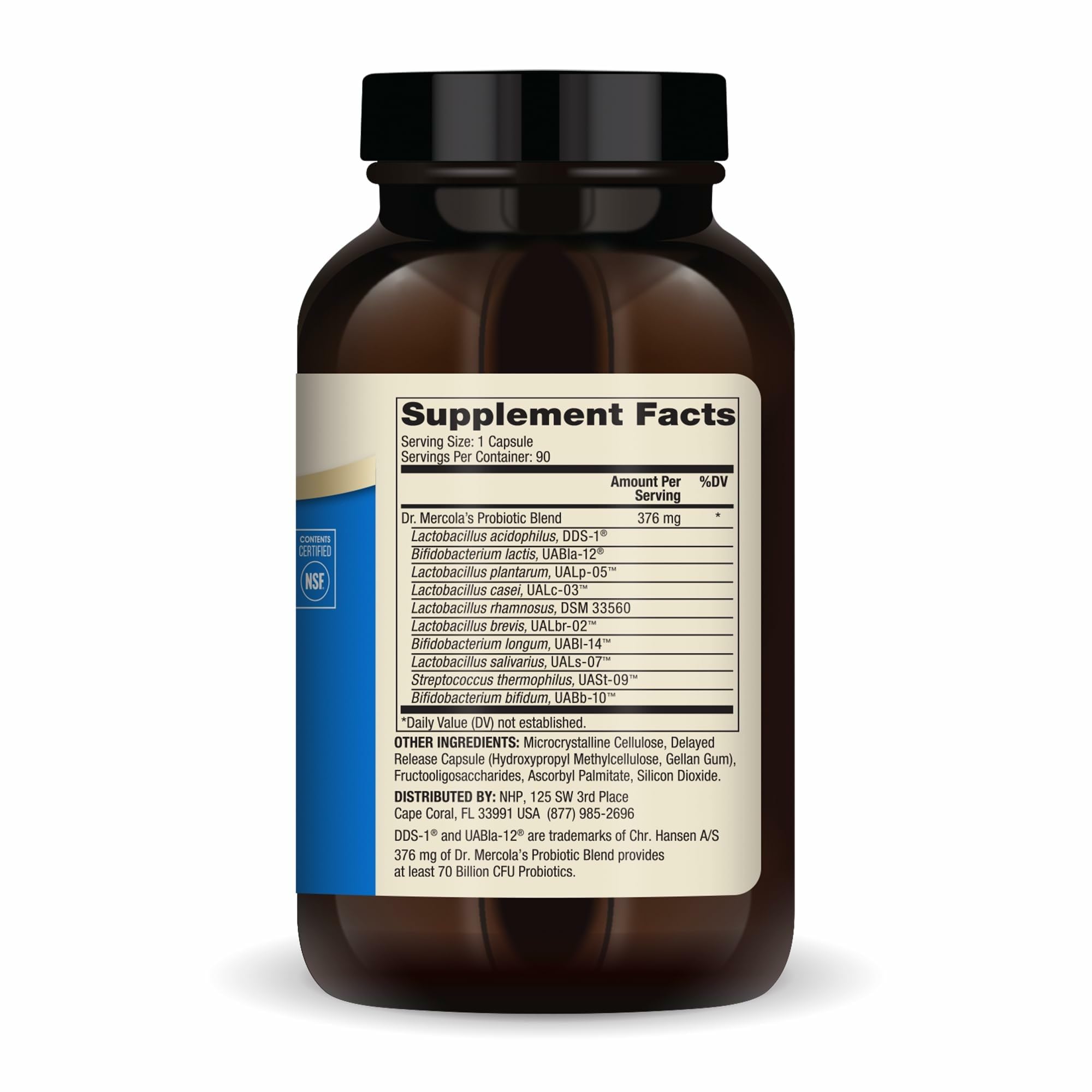 Close-up of Dr. Mercola capsules highlighting 10 probiotic strains for diverse digestive support.