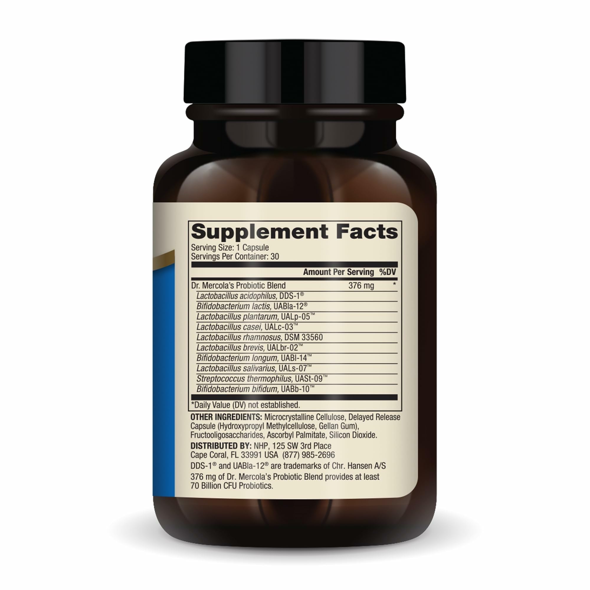 Dr. Mercola Complete Probiotics bottle back with dosage and strain details.