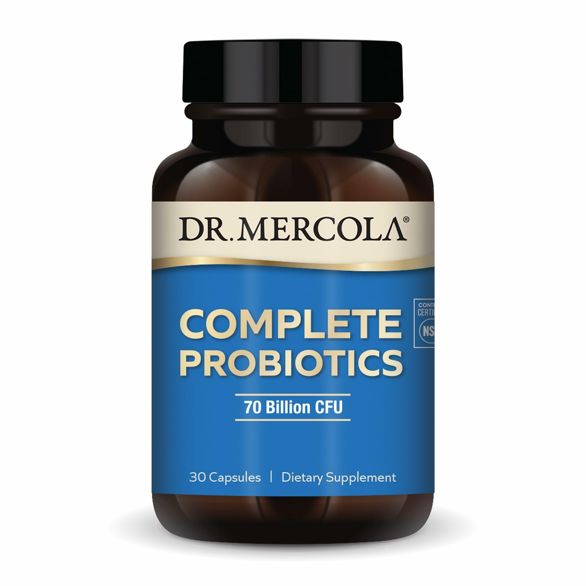 Dr. Mercola Complete Probiotics bottle front showing 70B CFU shelf-stable formula.
