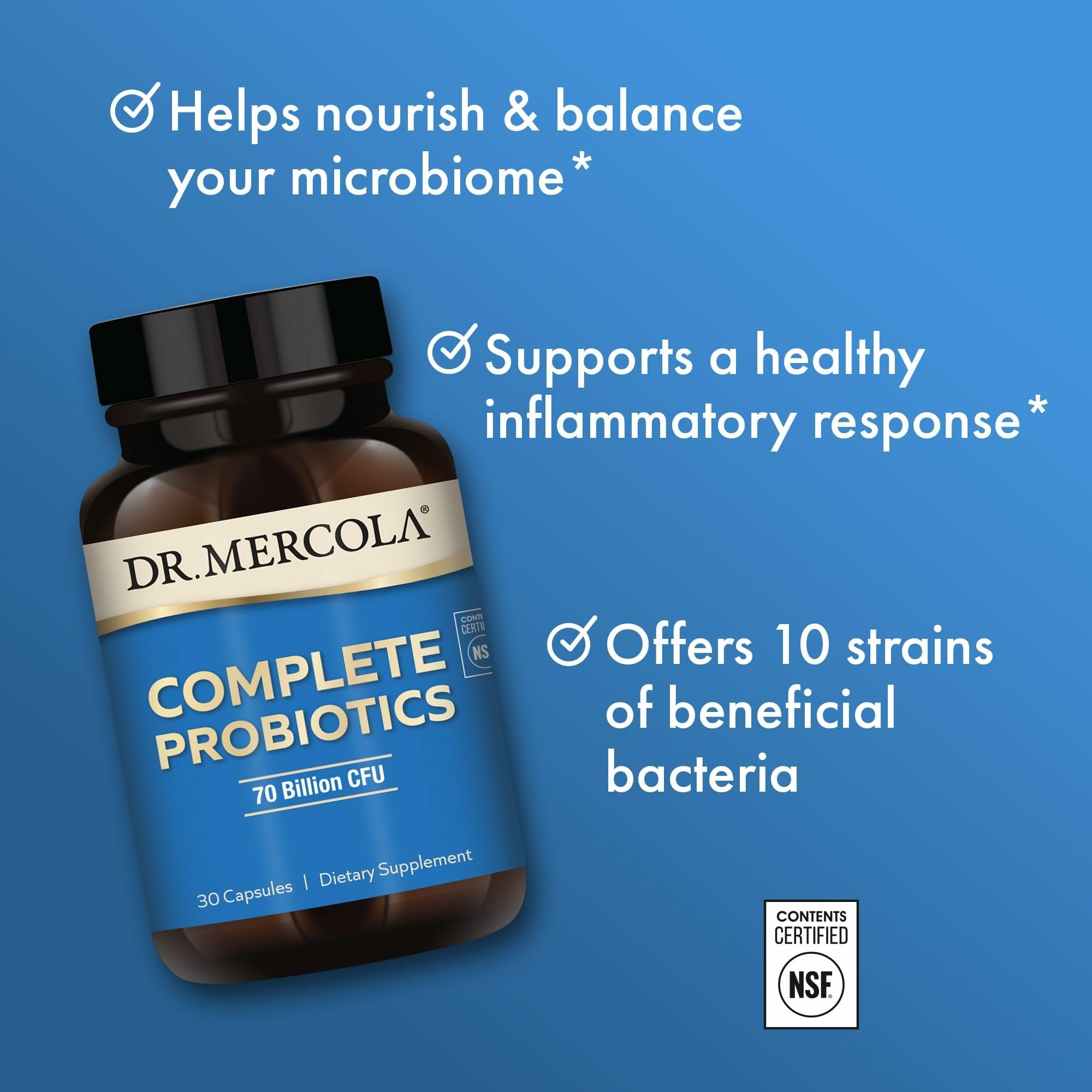 Dr. Mercola Complete Probiotics label close-up featuring 10 strains.