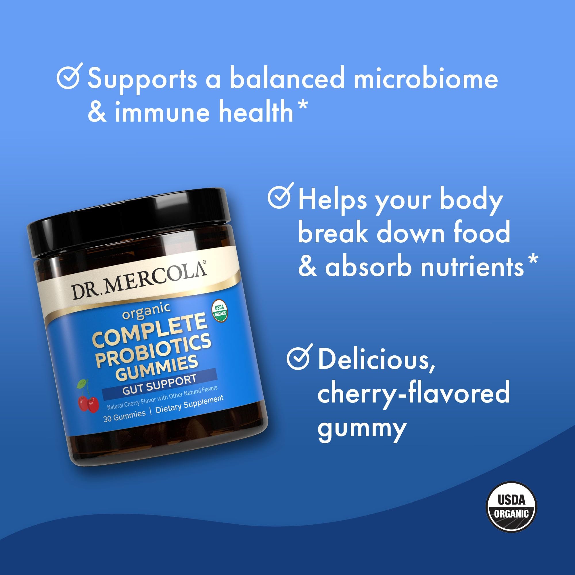 Dr. Mercola Complete Probiotics Gummies 30-serving pack displayed on shelf for convenient supplementation.
