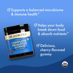 Dr. Mercola Complete Probiotics Gummies 30-serving pack displayed on shelf for convenient supplementation.
