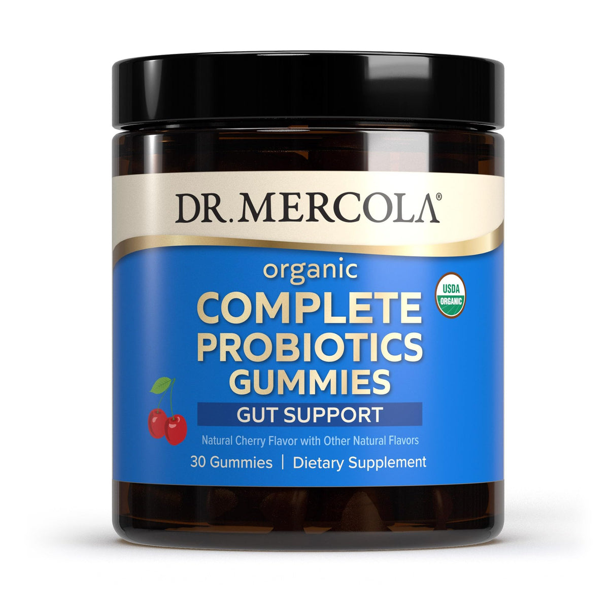 Dr. Mercola Complete Probiotics Gummies bottle closeup showing packaging and product name for daily use.