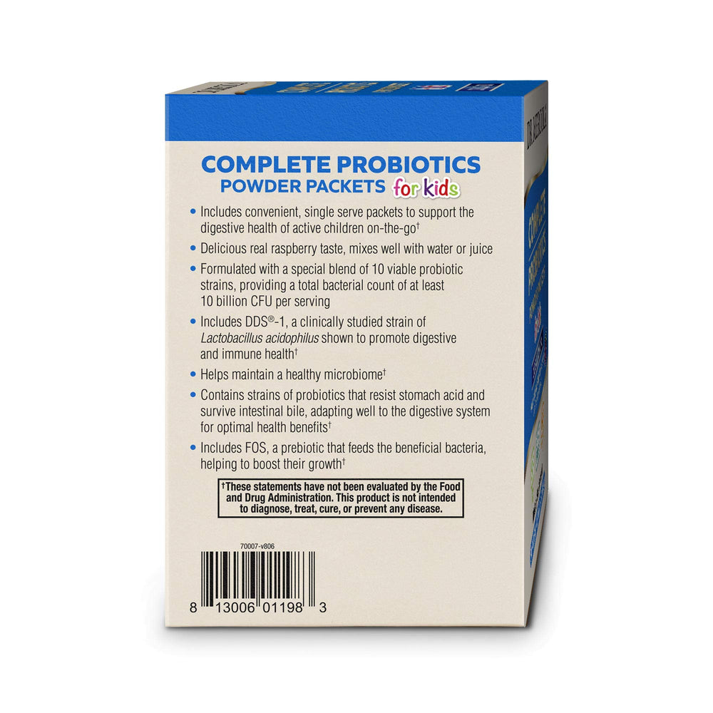 Dr Mercola Complete Probiotics Kids packaging shows non-GMO gluten-free and soy-free claims