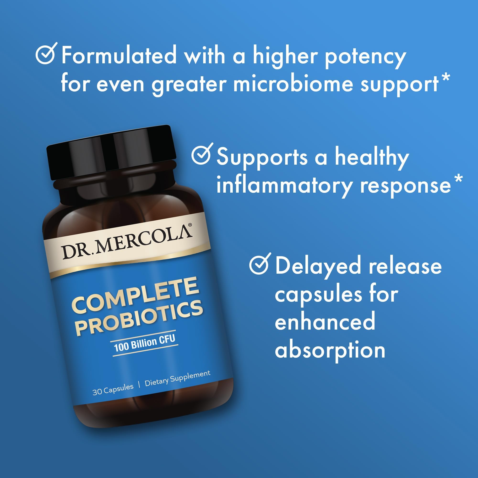 Packaging highlights non-GMO and gluten-free features of Dr. Mercola Probiotics.