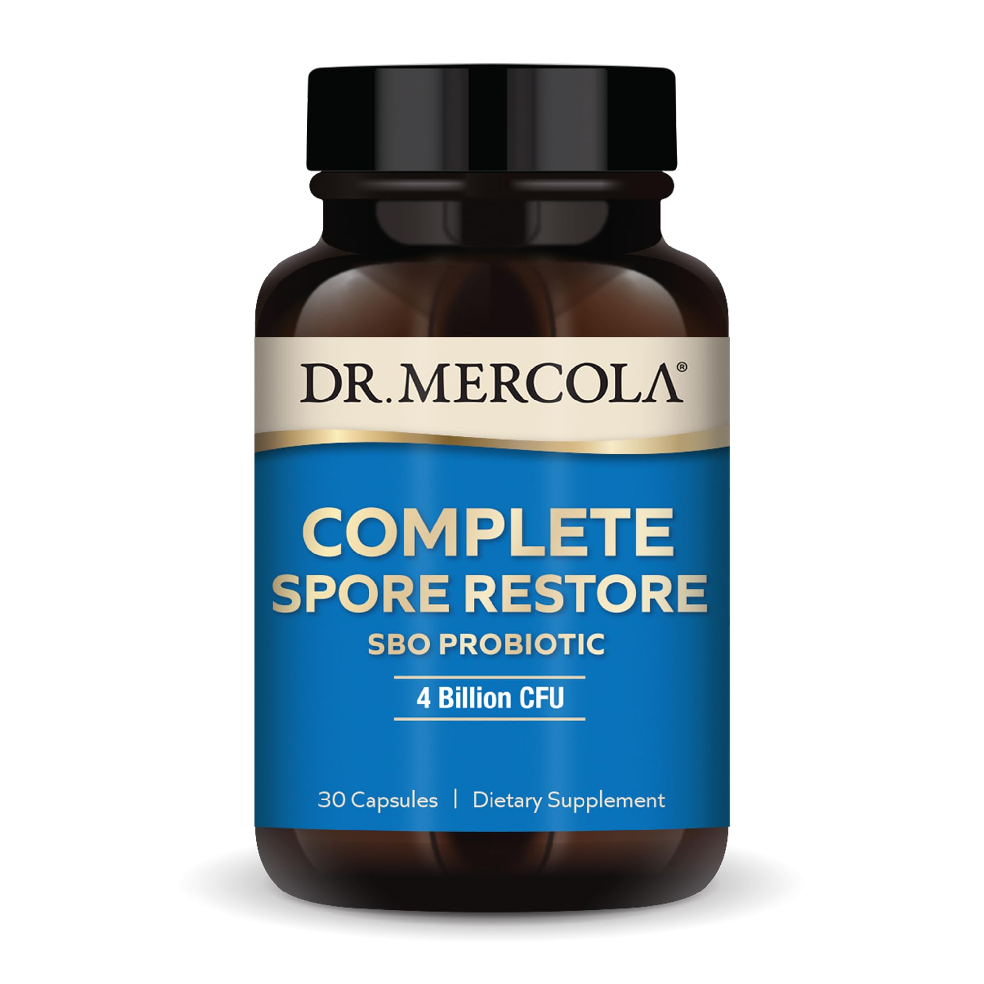 Dr. Mercola Complete Probiotics SBO bottle for daily gut balance and convenience.