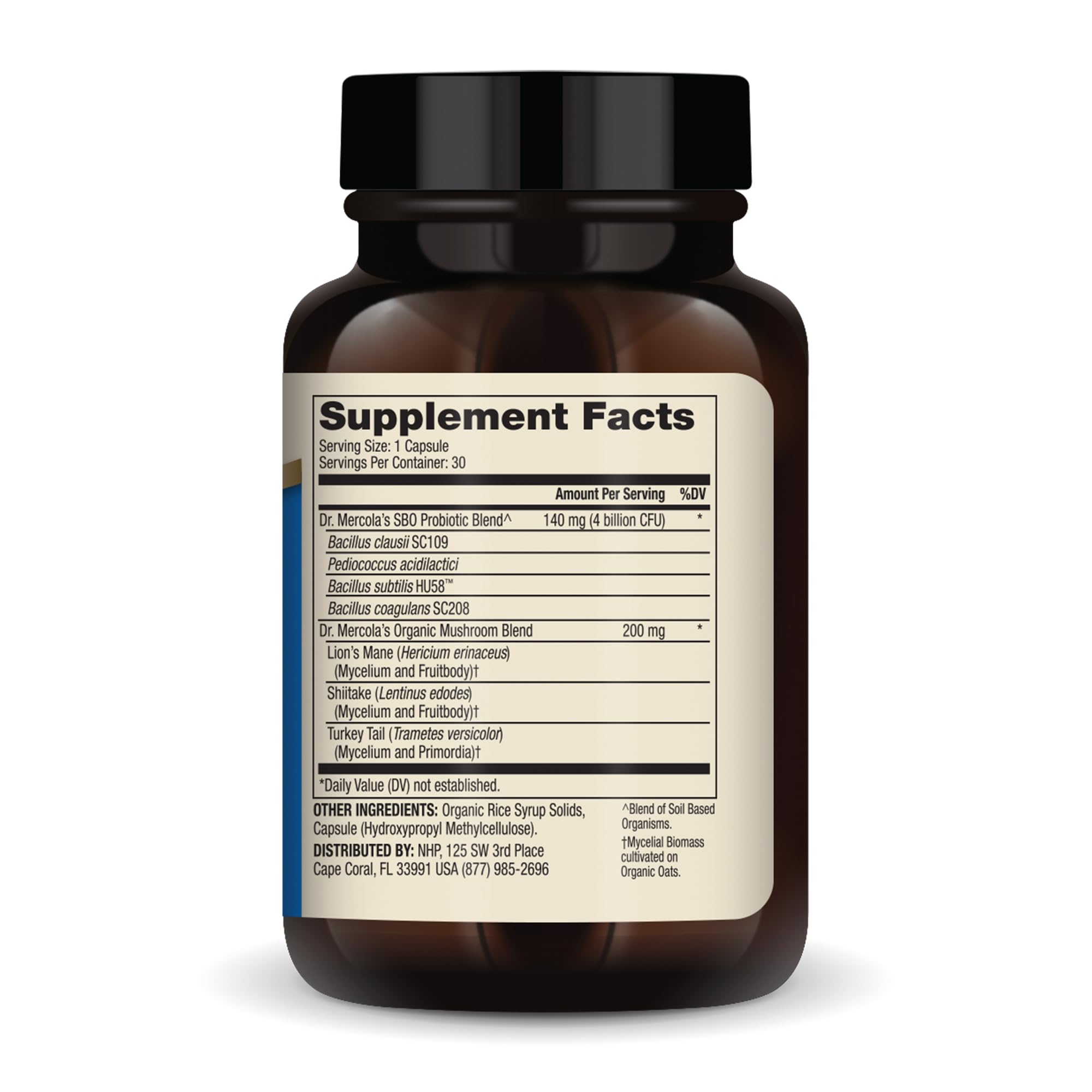 Dr. Mercola Complete Probiotics SBO capsules close-up highlighting spore-based probiotic options.