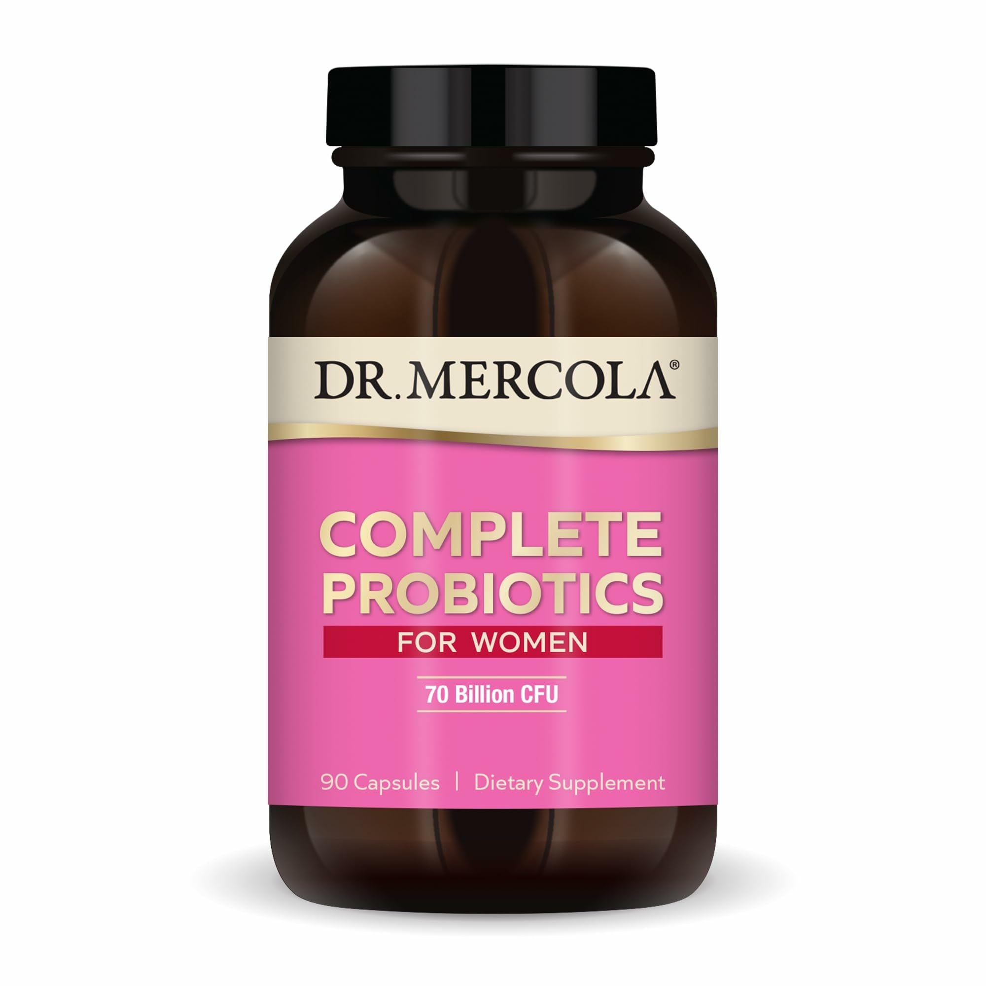 Dr. Mercola Complete Probiotics for Women bottle label showing 90 capsules for daily gut support