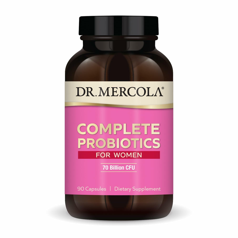 Dr. Mercola Complete Probiotics for Women bottle label showing 90 capsules for daily gut support