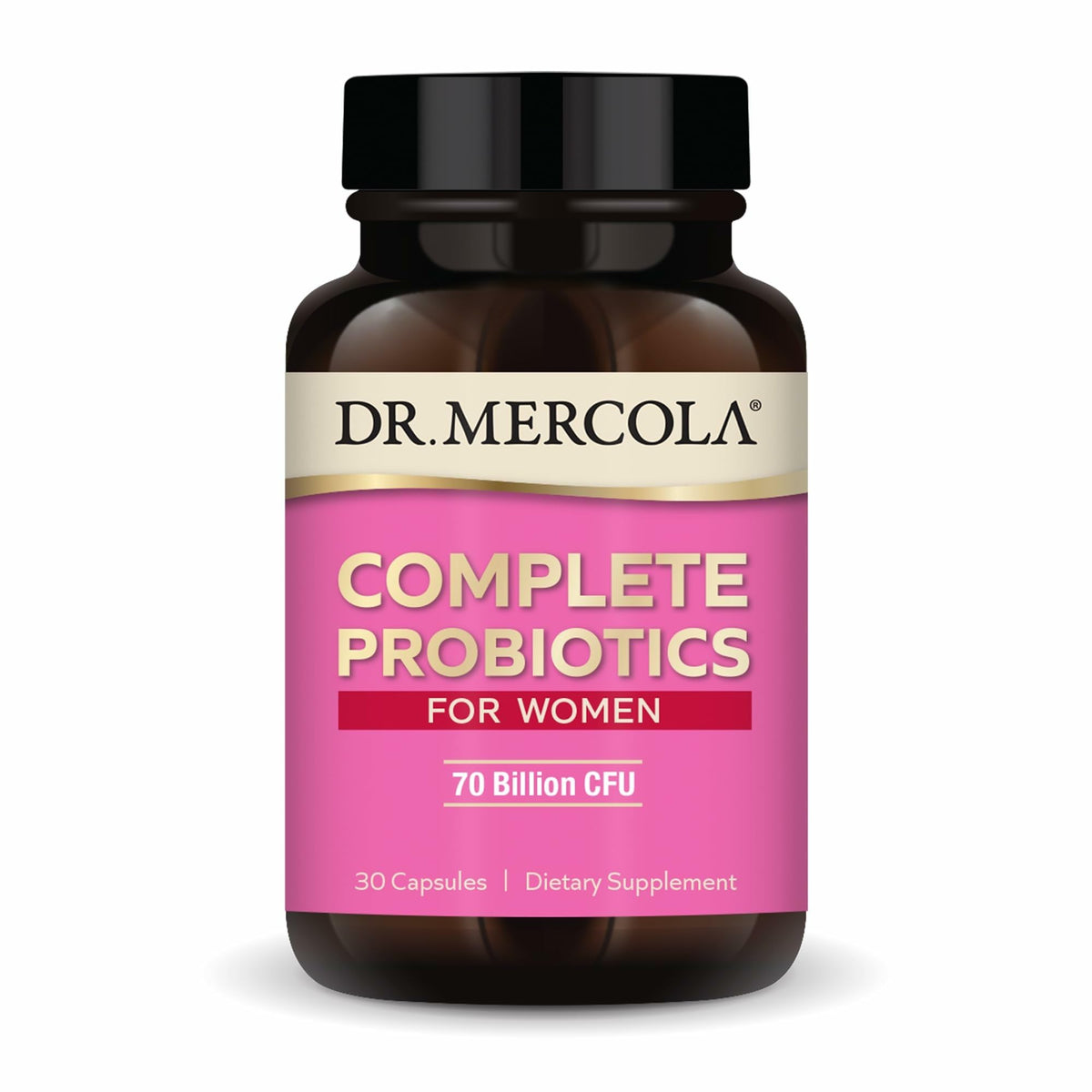 Dr. Mercola Complete Probiotics for Women bottle shows 70B CFUs for gut balance
