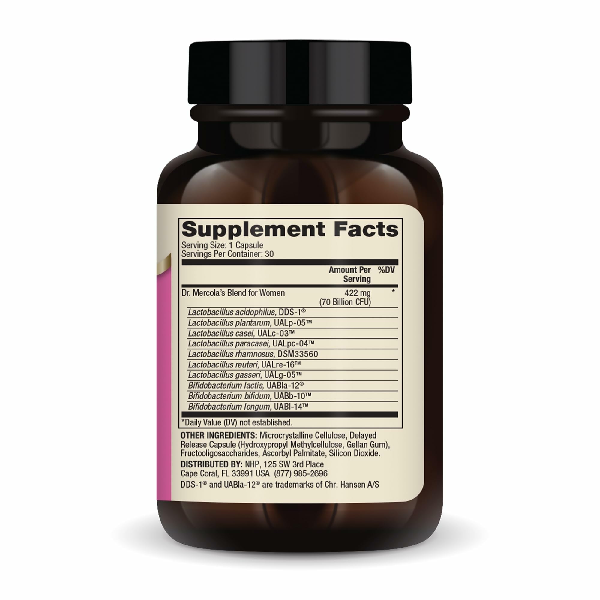 Close up of Dr. Mercola Complete Probiotics for Women capsules with delayed-release design