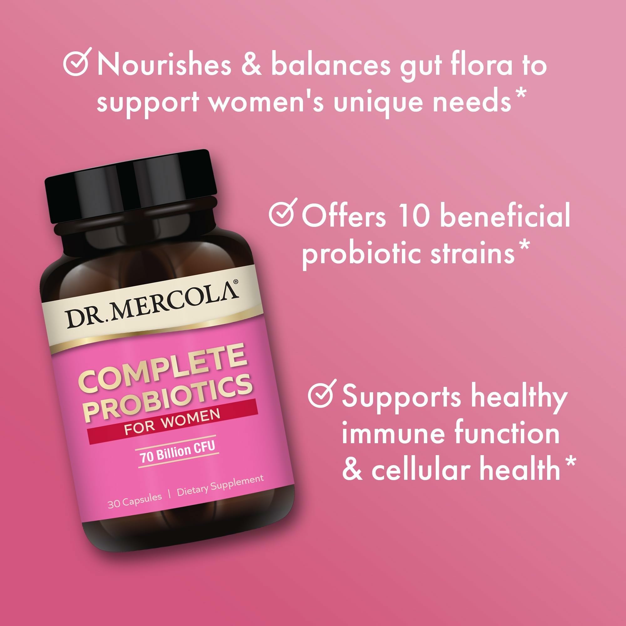 Label on Dr. Mercola Complete Probiotics for Women noting non-GMO, gluten-free and soy-free