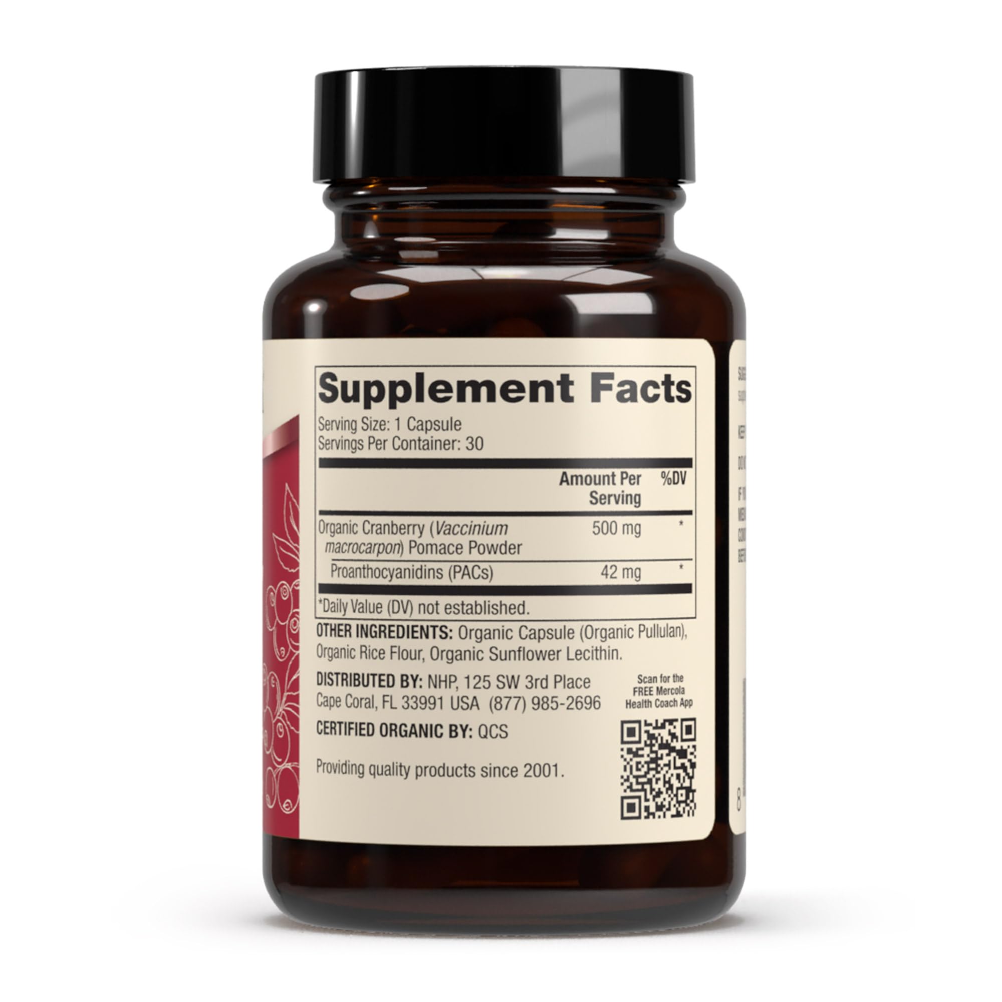Close-up of Dr. Mercola Cranberry with PACs capsules ready to swallow.