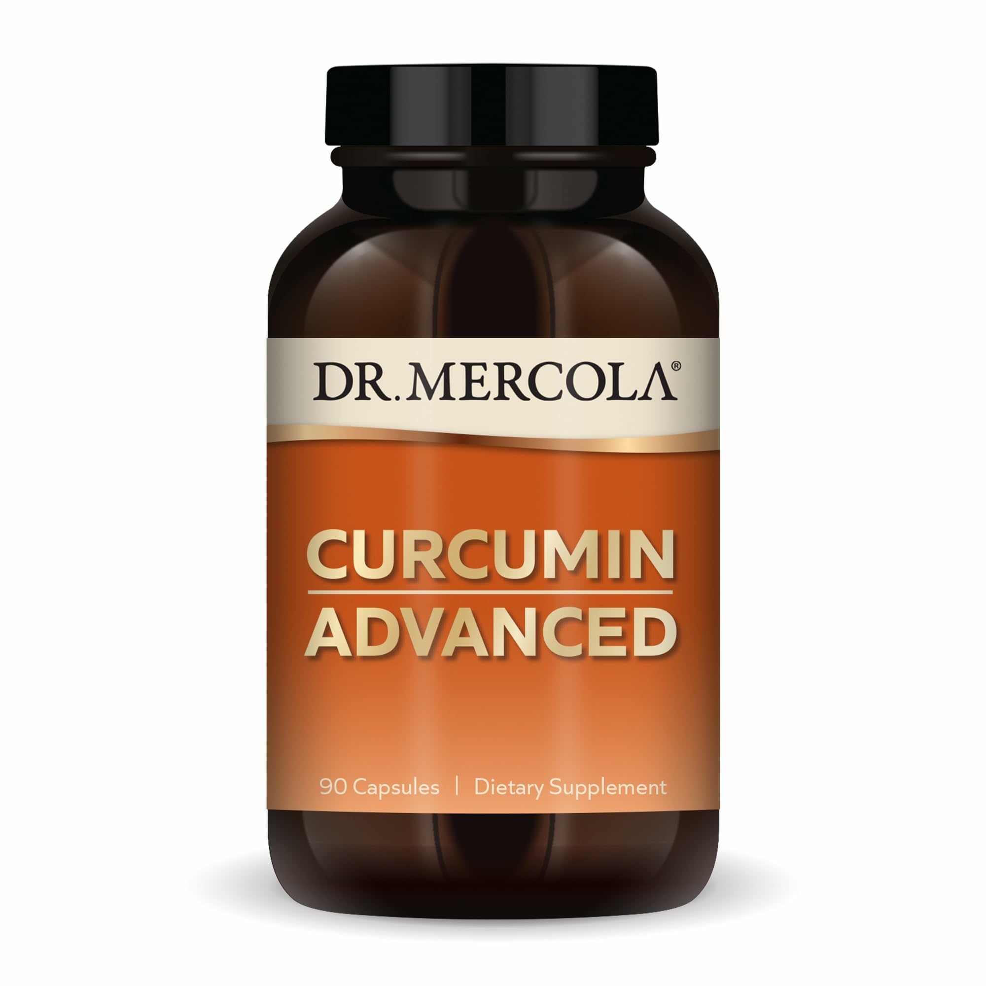 Dr. Mercola Curcumin Advanced bottle front with sustained-release capsules