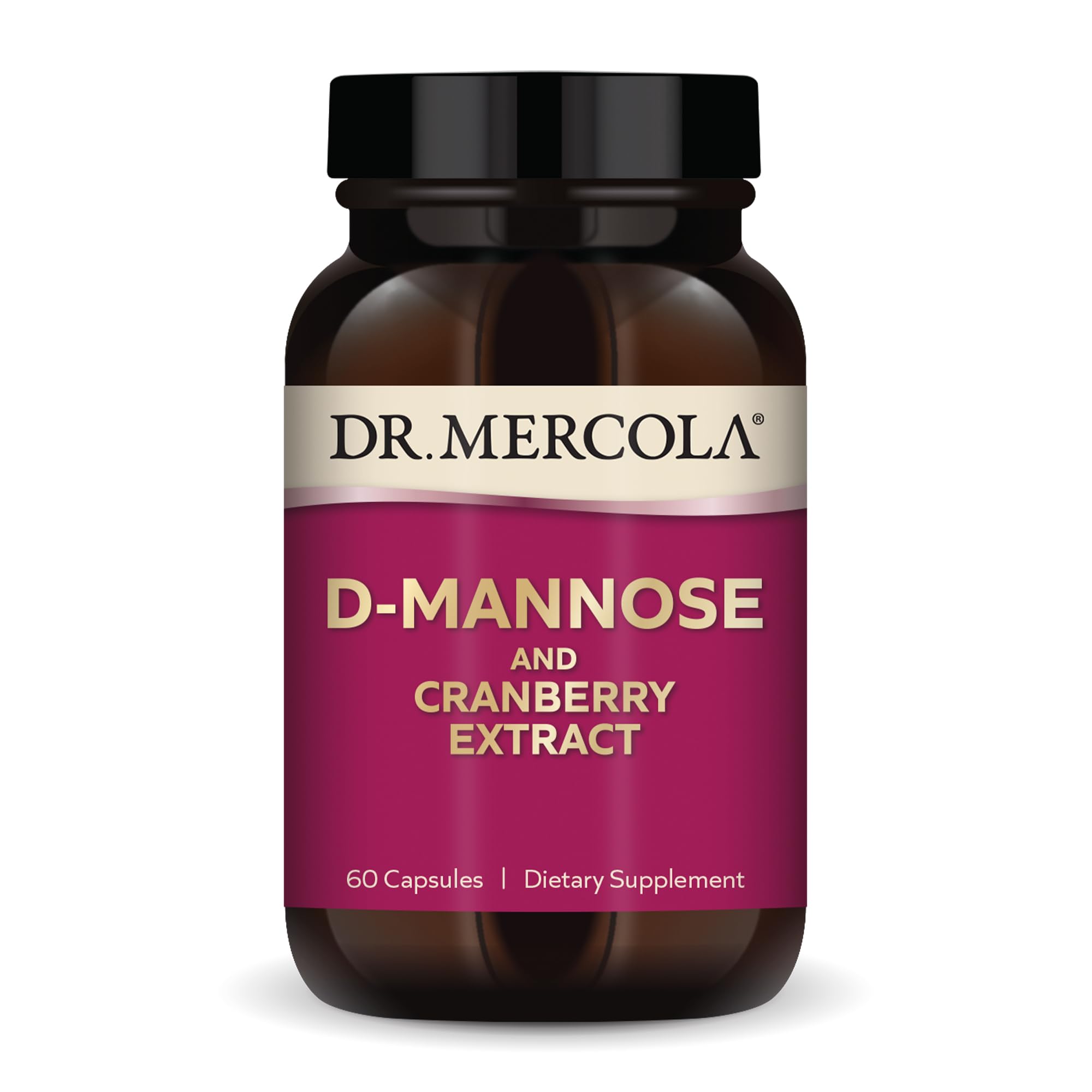 Dr. Mercola D-Mannose and Cranberry Extract bottle front supports daily urinary health.