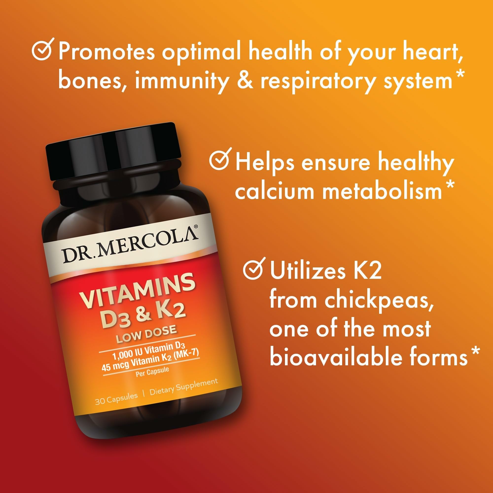 Cápsulas de Dr. Mercola D3 y K2 dosis baja para consumo diario.