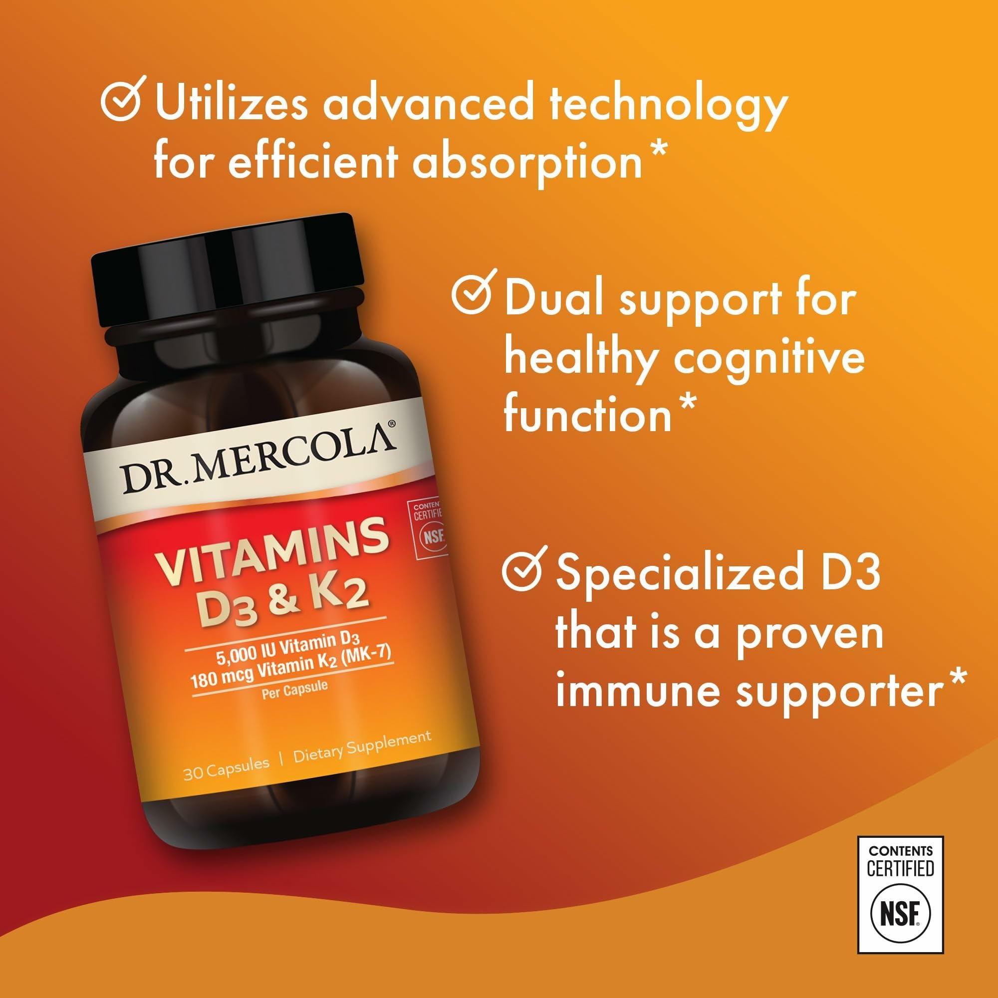 Dr. Mercola D3 K2 ingredients non-GMO label indicating clean formulation
