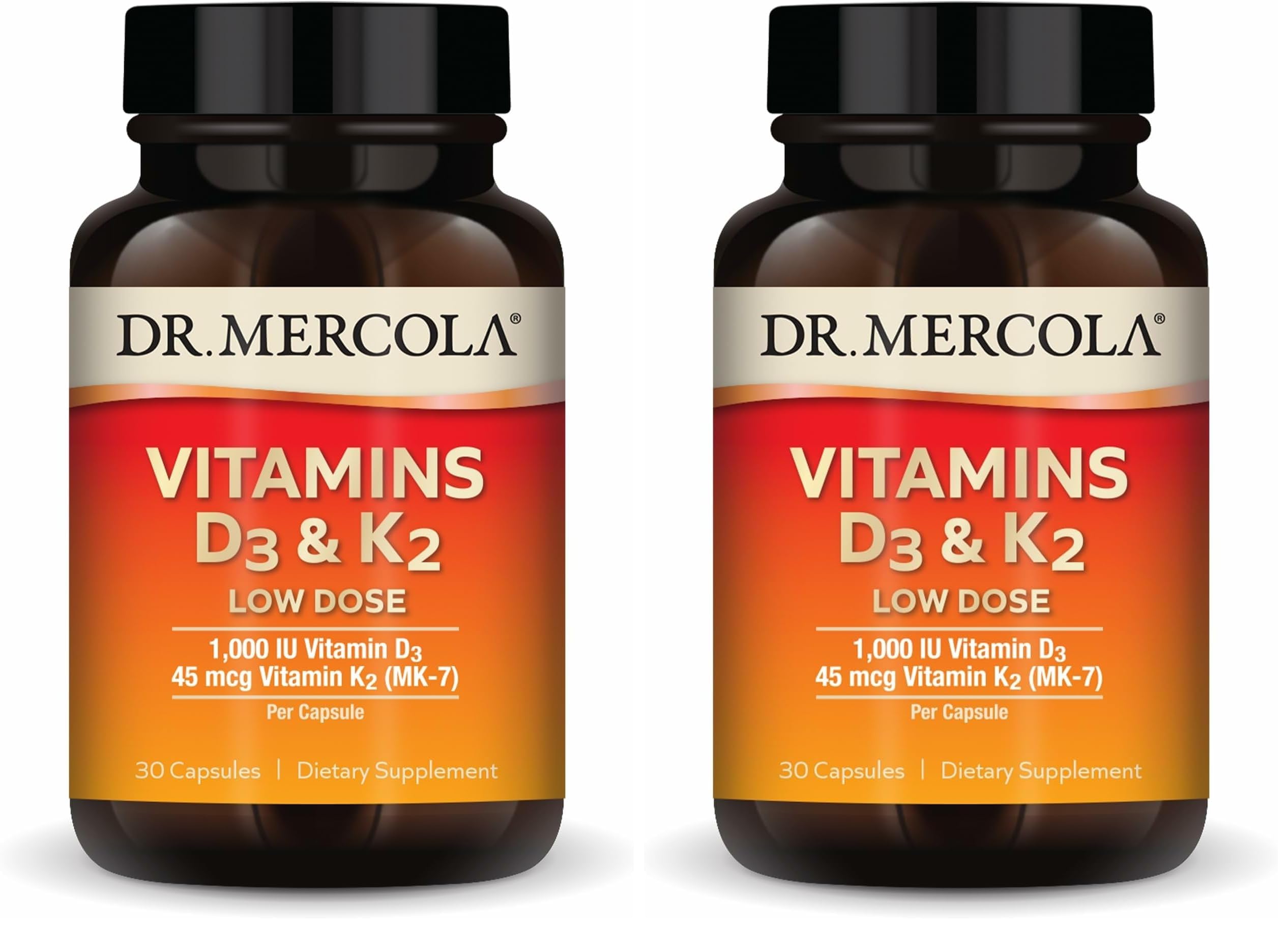 Dr. Mercola D3 & K2 Low Dose bottle front view for daily immune support